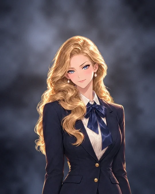 Lily Harper in a navy blazer and bow