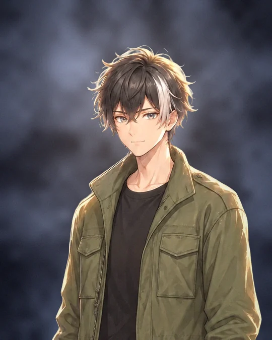 Ren Okada in an olive field jacket, two-tone hair